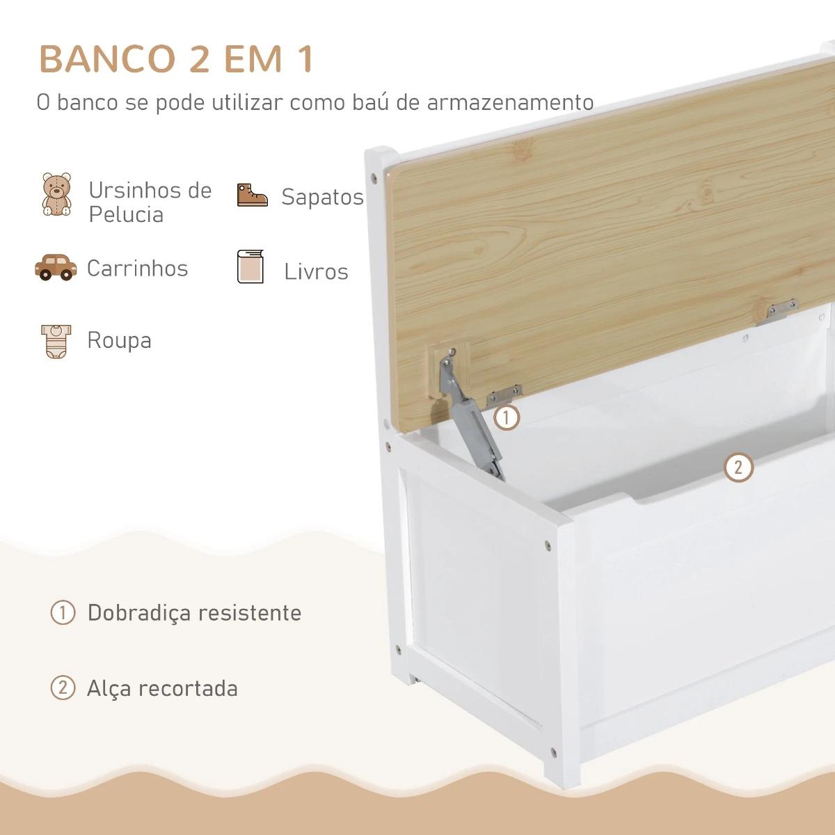 Conjunto infantil de mesa 2 cadeiras e banco com armazenamento móveis infantil para sala de jogos dormitório branco e natural
