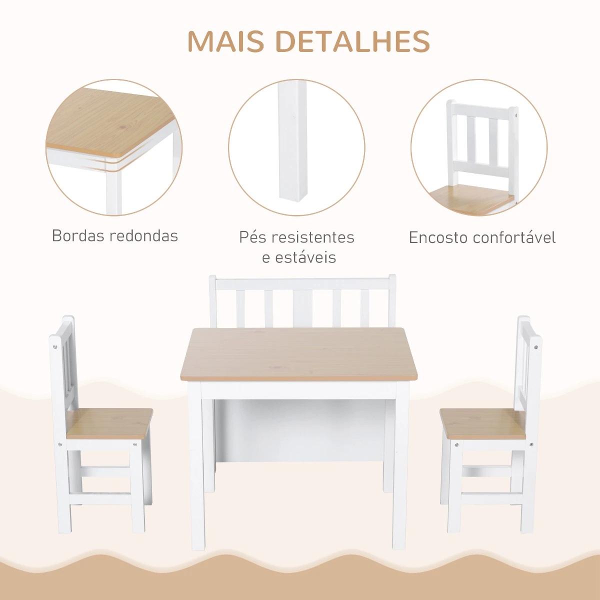 Conjunto infantil de mesa 2 cadeiras e banco com armazenamento móveis infantil para sala de jogos dormitório branco e natural