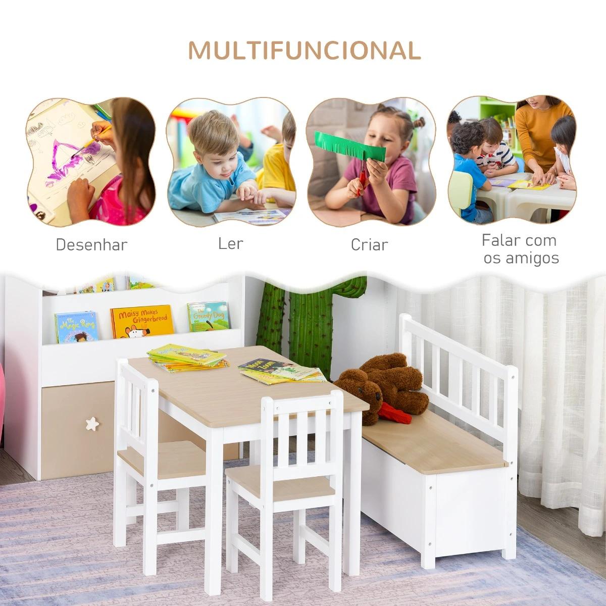 Conjunto infantil de mesa 2 cadeiras e banco com armazenamento móveis infantil para sala de jogos dormitório branco e natural