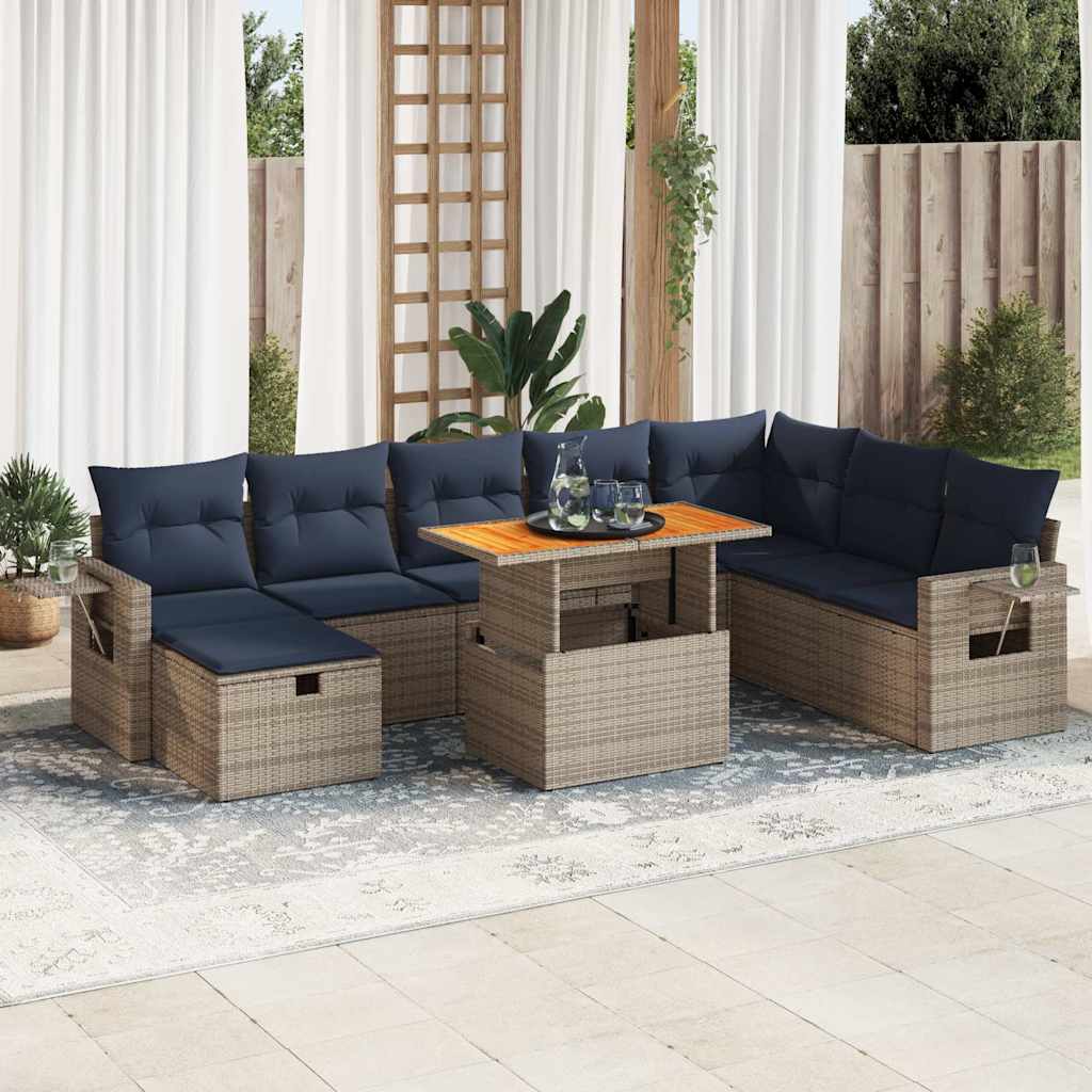 9 Pcs conjunto sofás jardim almofadões vime PE/acácia cinzento