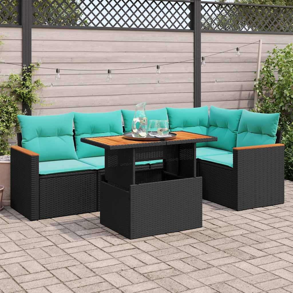 6 Pcs conjunto sofás de jardim c/ almofadões vime PE preto