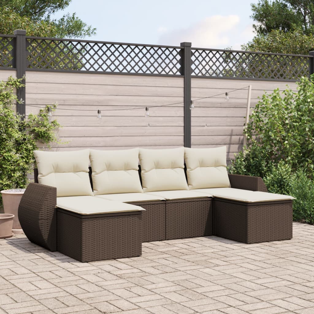 6 Pcs conjunto de sofás jardim c/ almofadões vime PE castanho