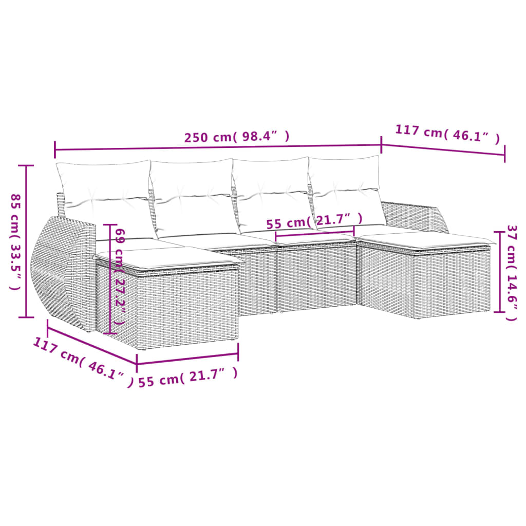 6 Pcs conjunto de sofás jardim c/ almofadões vime PE castanho
