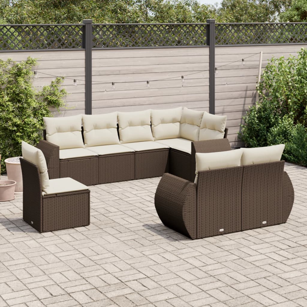 8 Pcs conjunto sofás de jardim c/ almofadões vime PE castanho