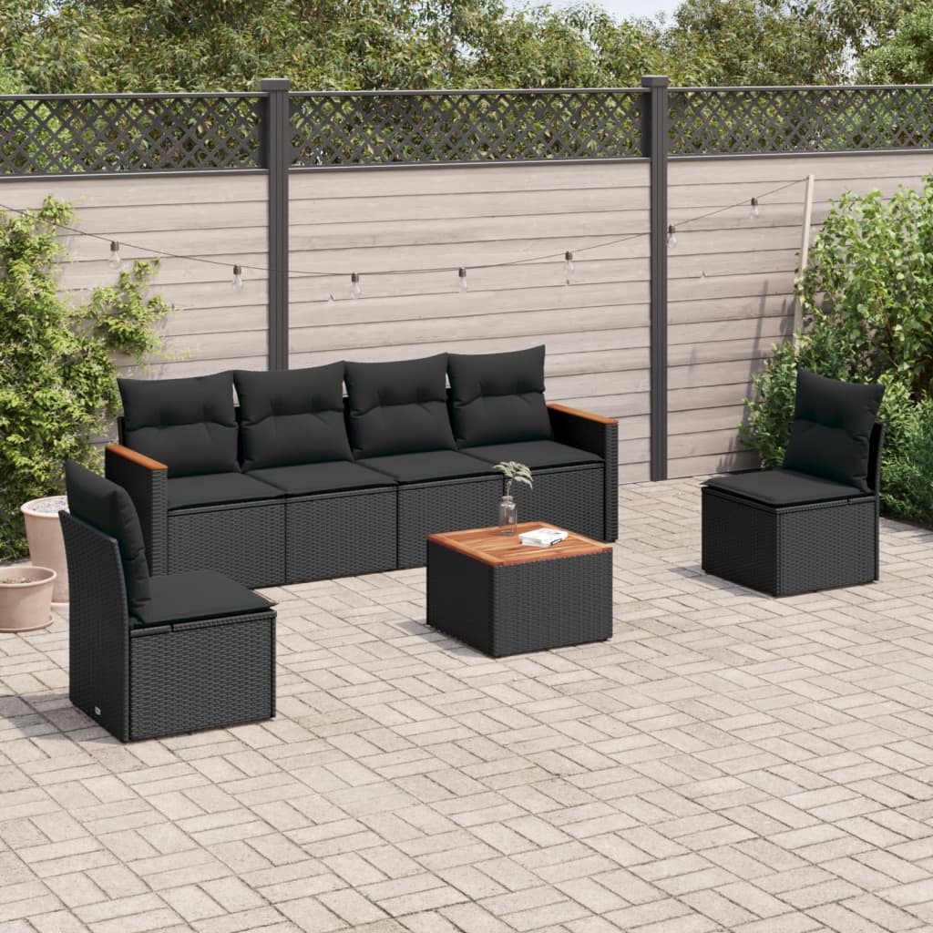 7 Pcs conjunto de sofás p/ jardim c/ almofadões vime PE preto