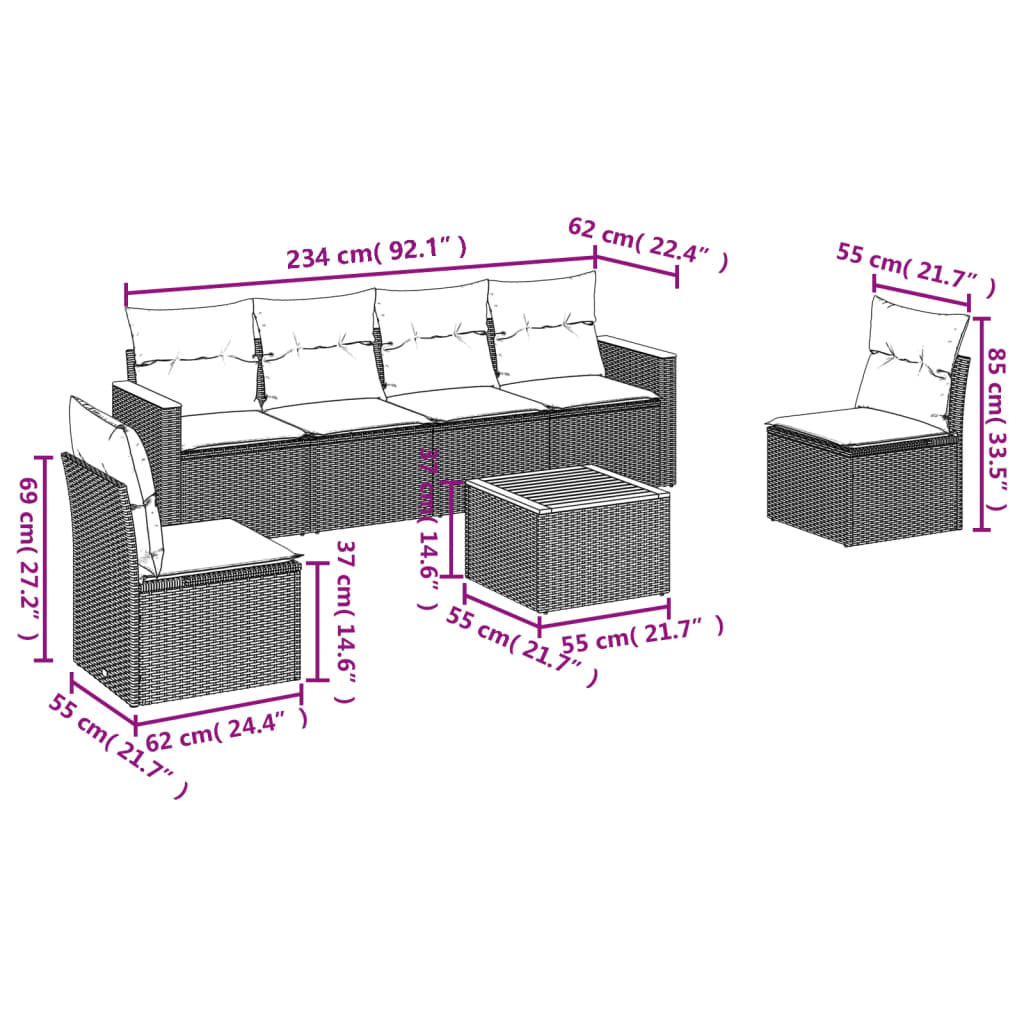 7 Pcs conjunto de sofás p/ jardim c/ almofadões vime PE preto