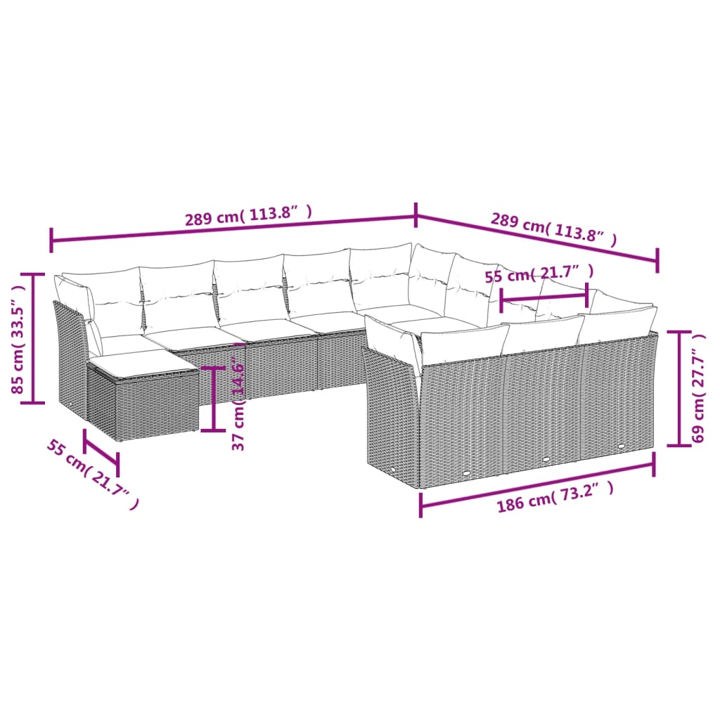 12 Pcs conjunto de sofás p/ jardim com almofadões vime PE bege
