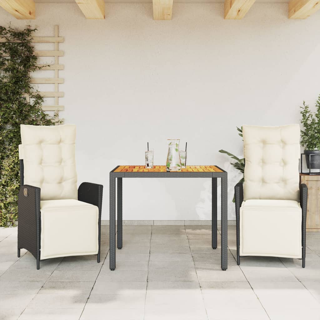 3 Pcs conjunto de jantar p/ jardim c/ almofadões vime PE preto