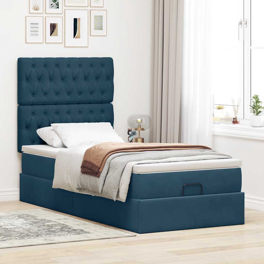 Estrutura de cama otomana com colchões azul escuro veludo