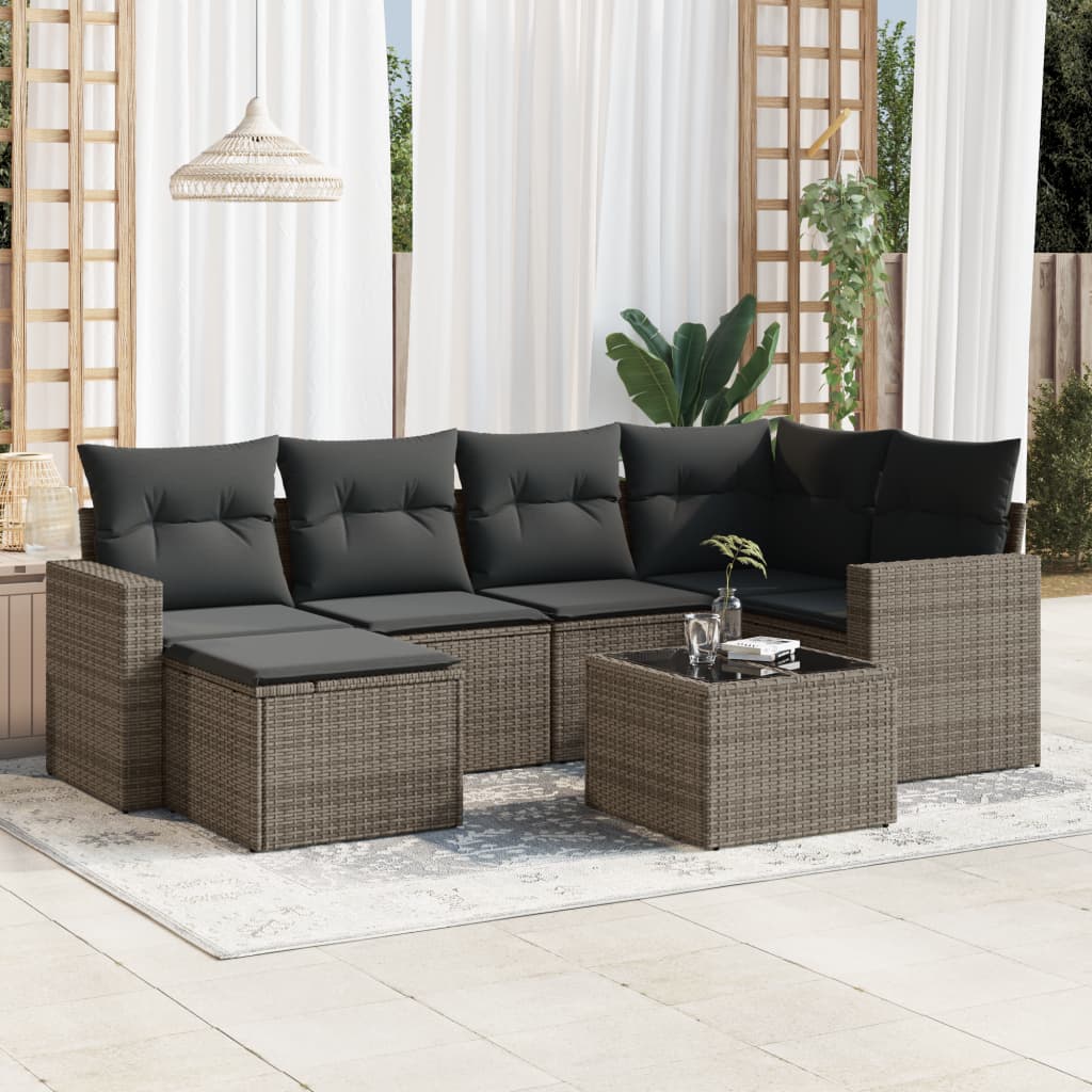 7 Pcs conjunto sofás p/ jardim c/ almofadões vime PE cinzento