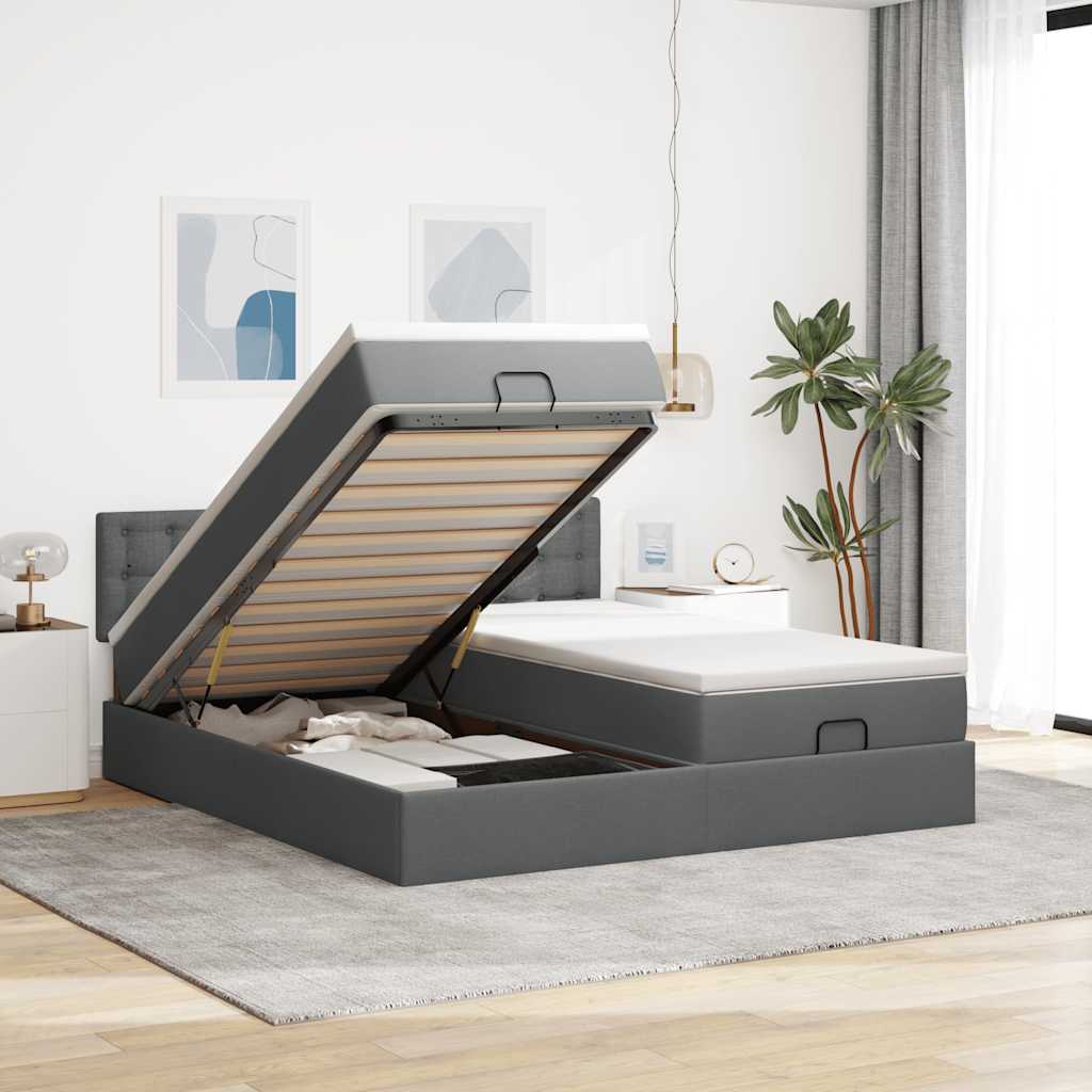 Estrutura de cama otomana com colchões tecido cinzento escuro