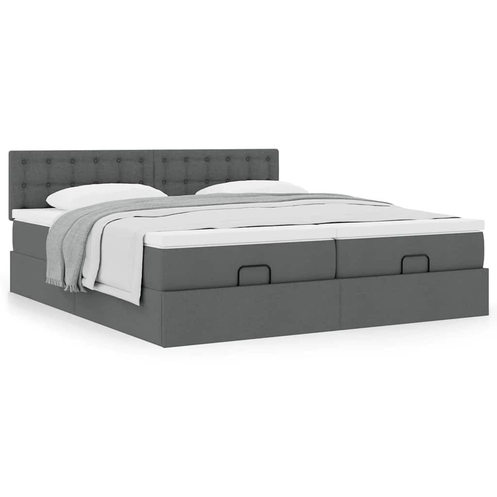 Estrutura de cama otomana com colchões tecido cinzento escuro