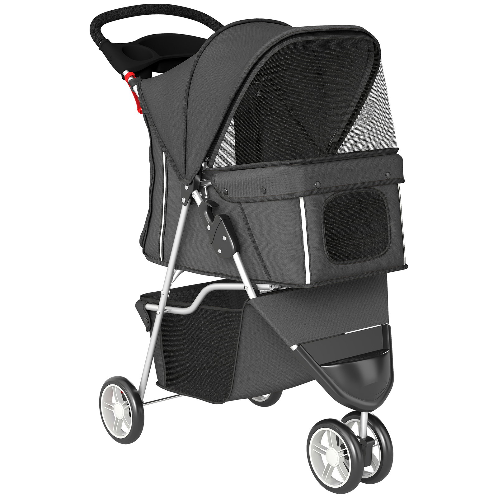 Carrinho para cães pequenos com cesto de arrumação janelas em rede e cinto de segurança 77x44x102 cm cinzento escuro