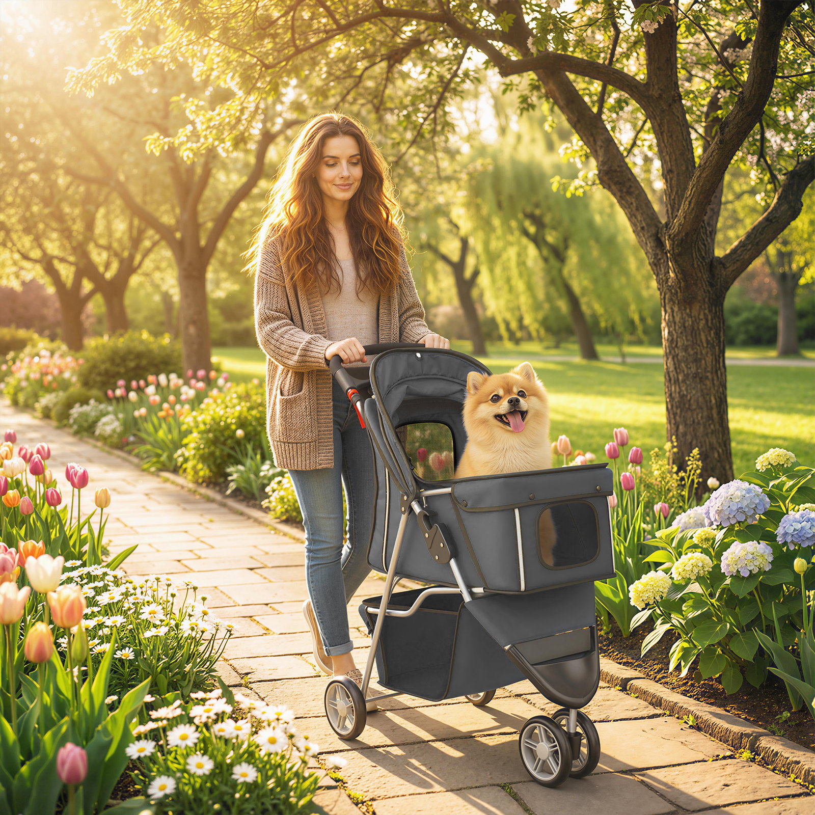 Carrinho para cães pequenos com cesto de arrumação janelas em rede e cinto de segurança 77x44x102 cm cinzento escuro