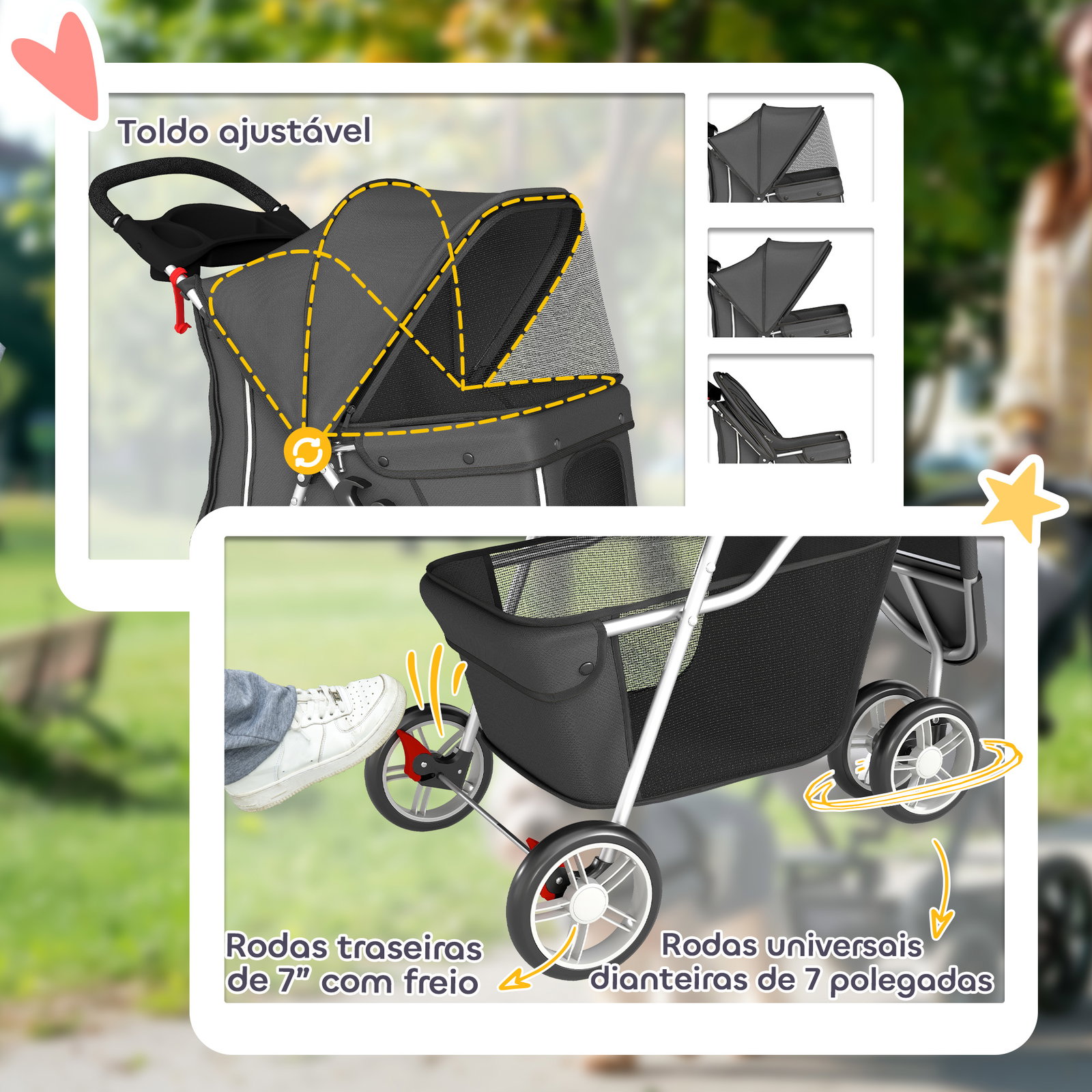 Carrinho para cães pequenos com cesto de arrumação janelas em rede e cinto de segurança 77x44x102 cm cinzento escuro