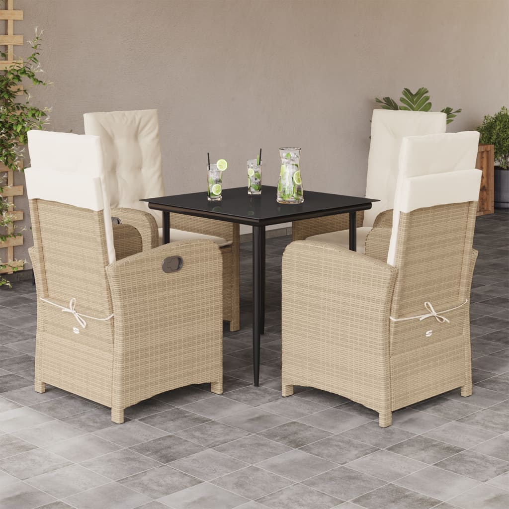 5 Pcs conjunto de jantar p/ jardim com almofadões vime PE bege