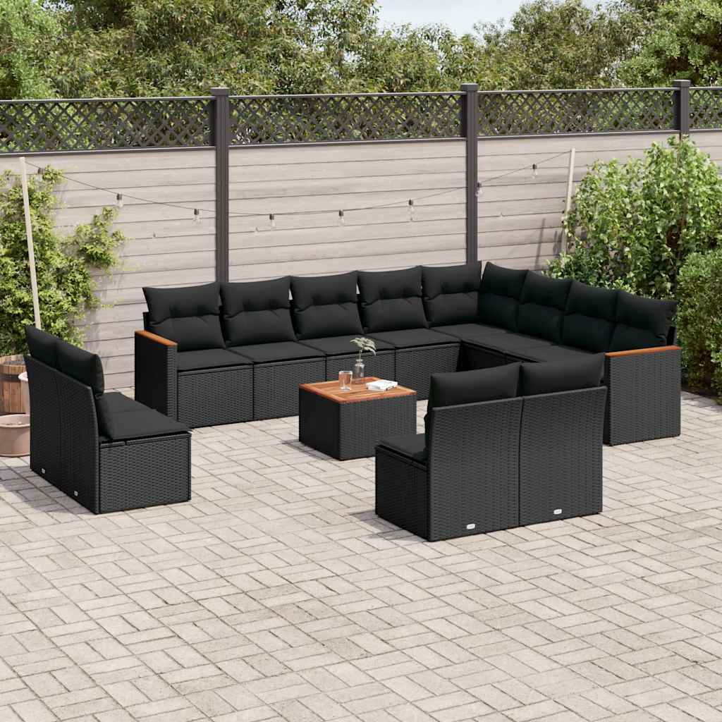 13 Pcs conjunto de sofás de jardim com almofadões vime PE preto