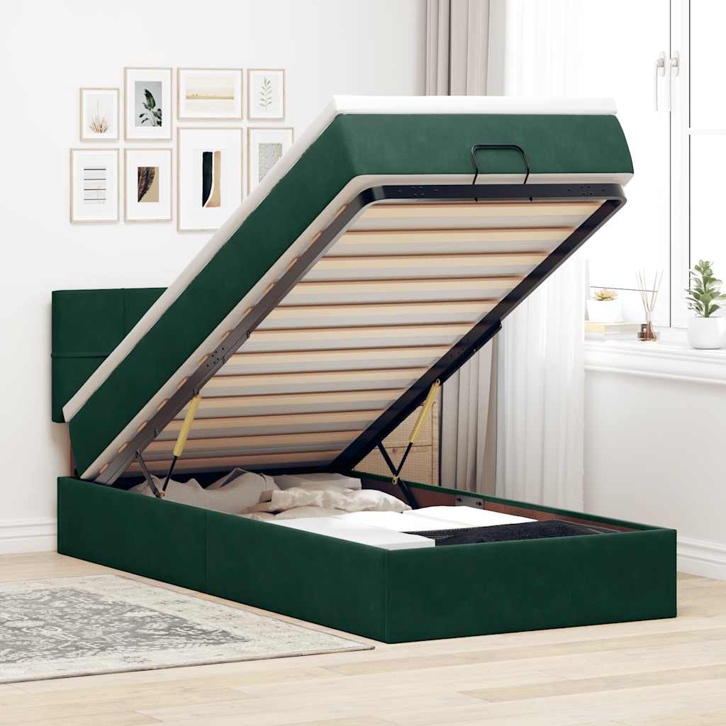 Cama otomana com colchão & leds 90x200cm veludo verde-escuro