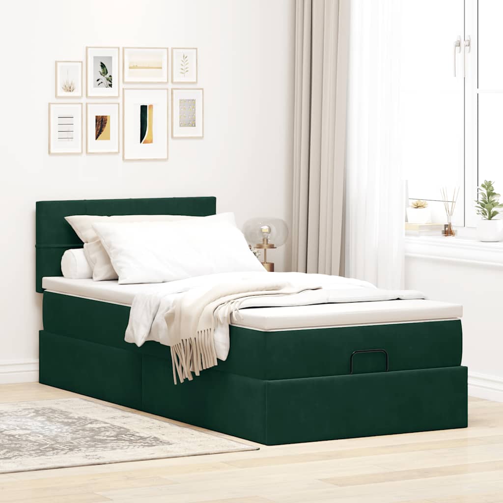 Cama otomana com colchão & leds 90x200cm veludo verde-escuro