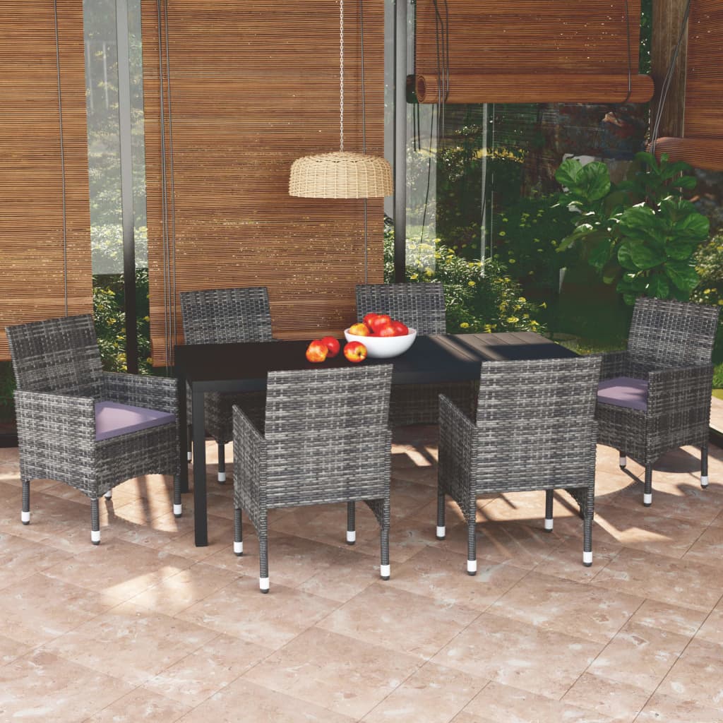 7 Pcs conjunto de jantar p/ jardim c/ almofadões vime PE cinza