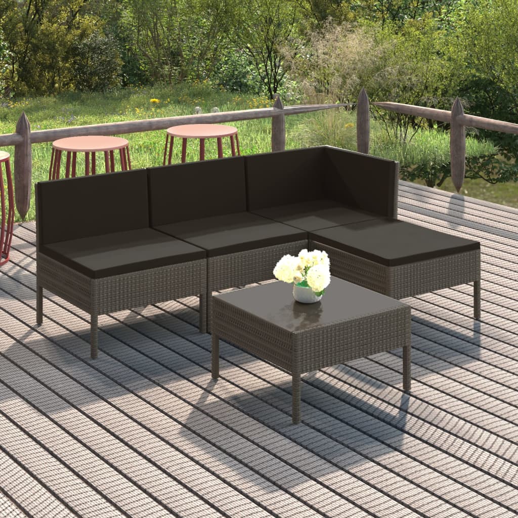 5 Pcs conjunto lounge de jardim c/ almofadões vime PE cinzento
