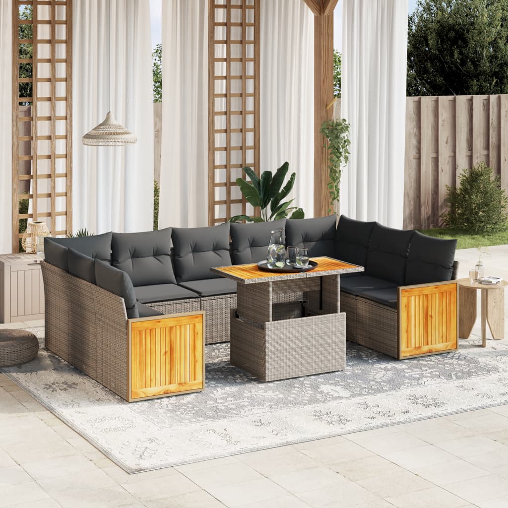 10 Pcs conjunto sofás de jardim c/ almofadões vime PE cinzento
