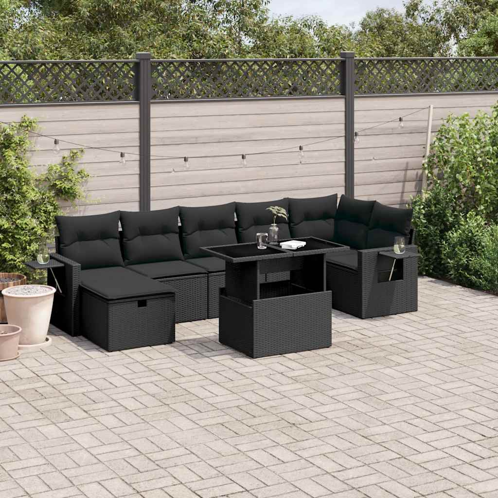 8 Pcs conjunto sofás de jardim com almofadões vime PE preto