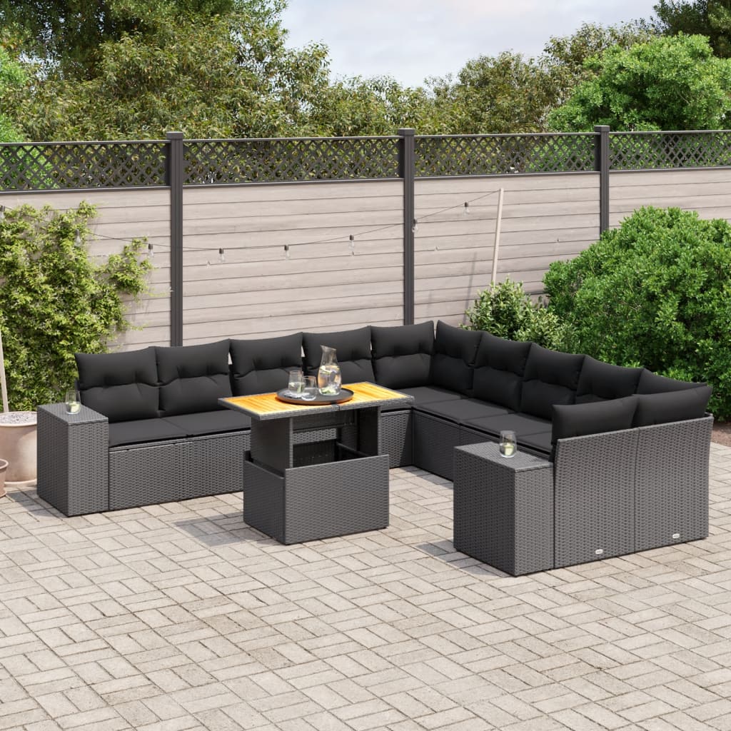 11 Pcs conjunto sofás de jardim c/ almofadões vime PE preto