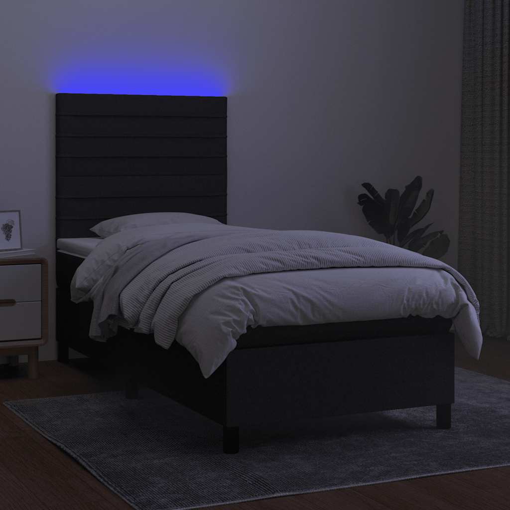 Cama box spring c/ colchão e LED 90x190 cm tecido preto