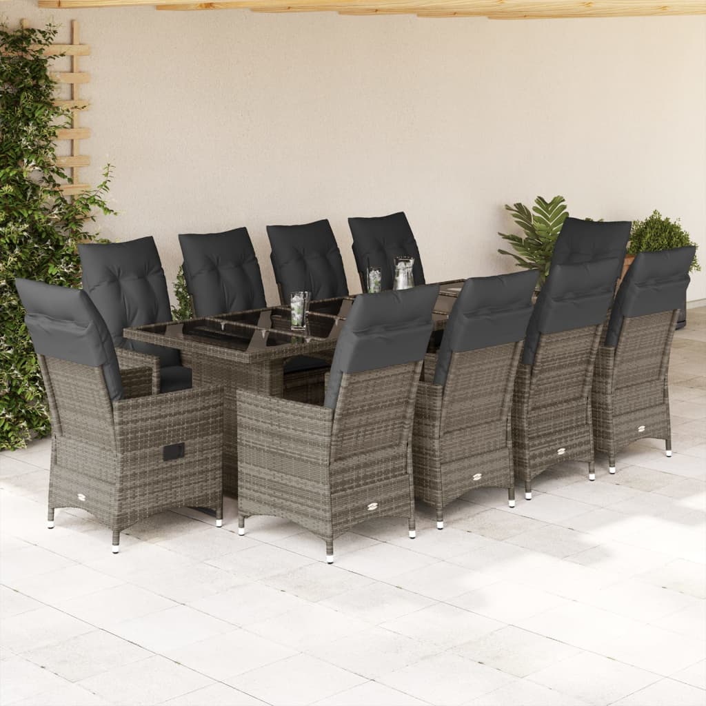 11 Pcs conjunto bistrô de jardim c/ almofadões vime PE cinzento