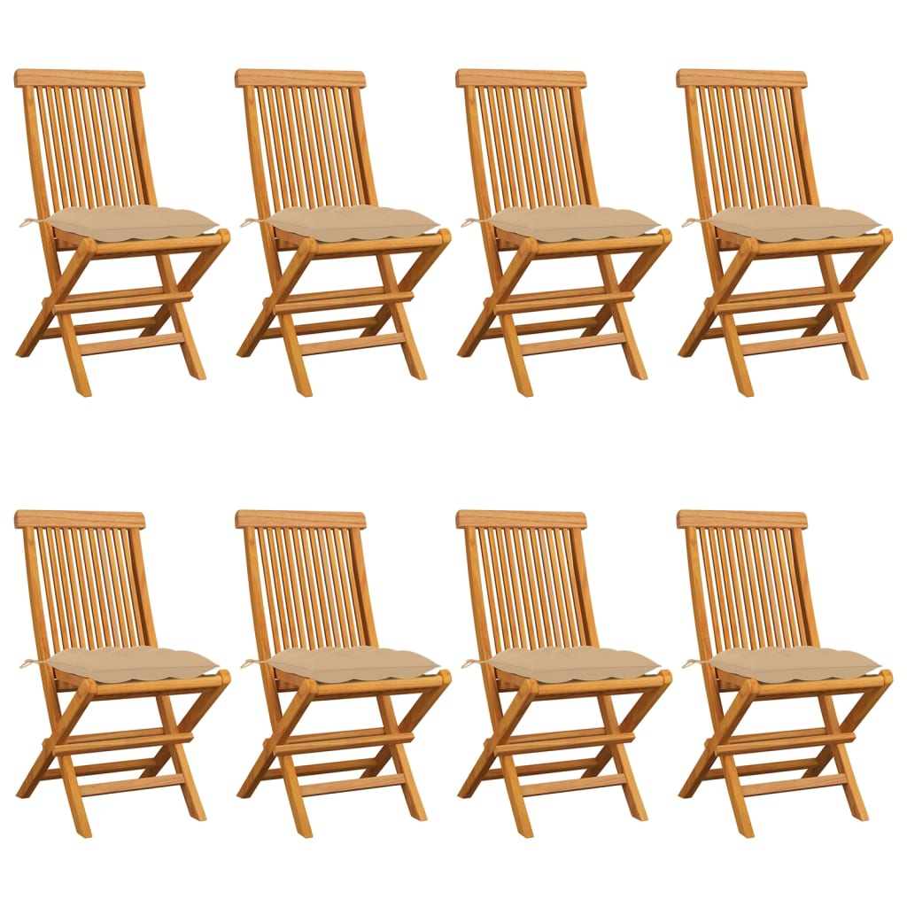 Cadeiras de jardim c/ almofadões bege 8 pcs teca maciça
