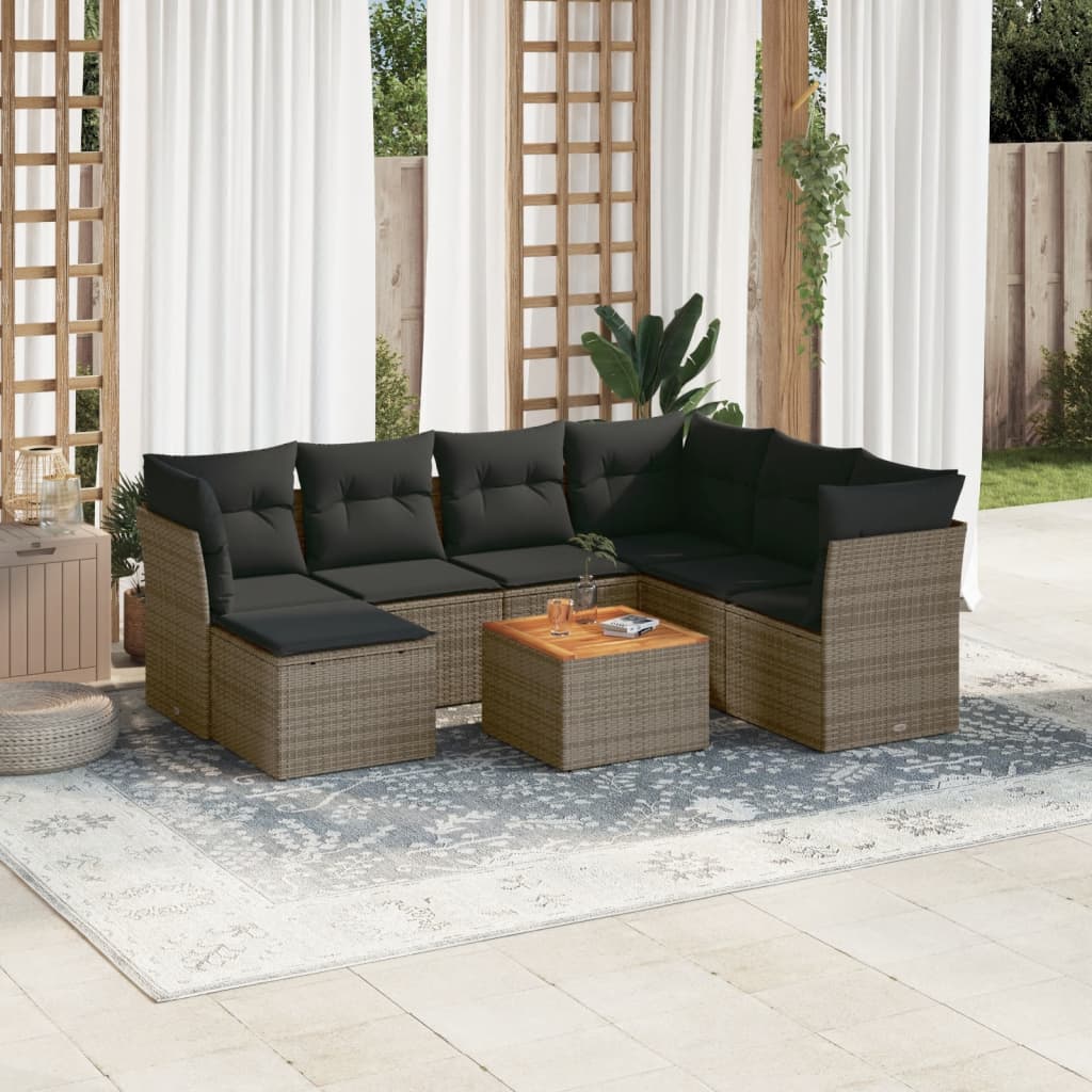 8 Pcs conjunto sofás de jardim c/ almofadões vime PE cinzento