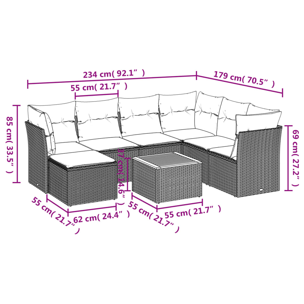 8 Pcs conjunto sofás de jardim c/ almofadões vime PE cinzento