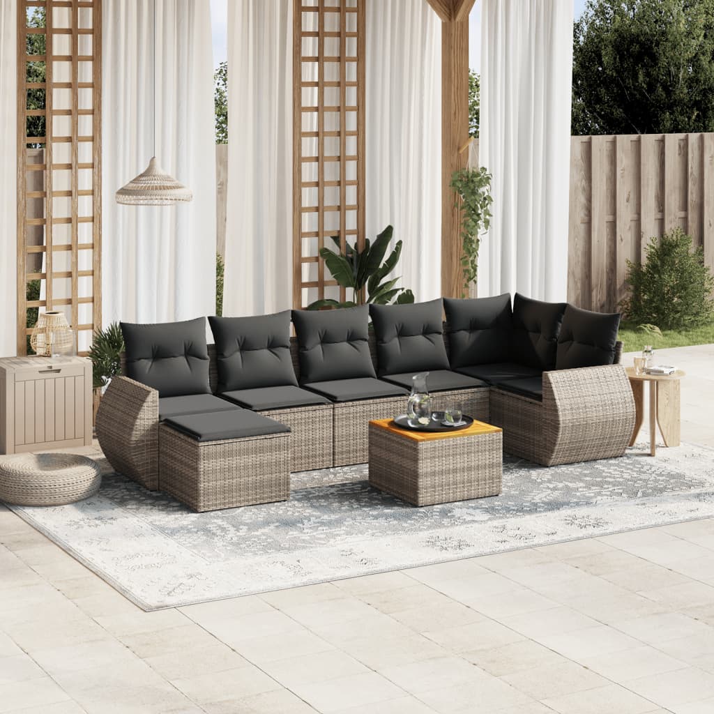 8 Pcs conjunto sofás de jardim c/ almofadões vime PE cinzento