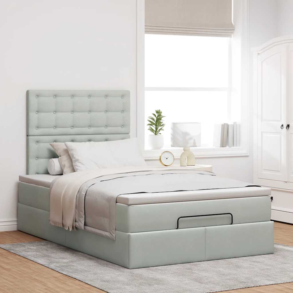 Estrutura de cama otomana com colchões cinza claro veludo