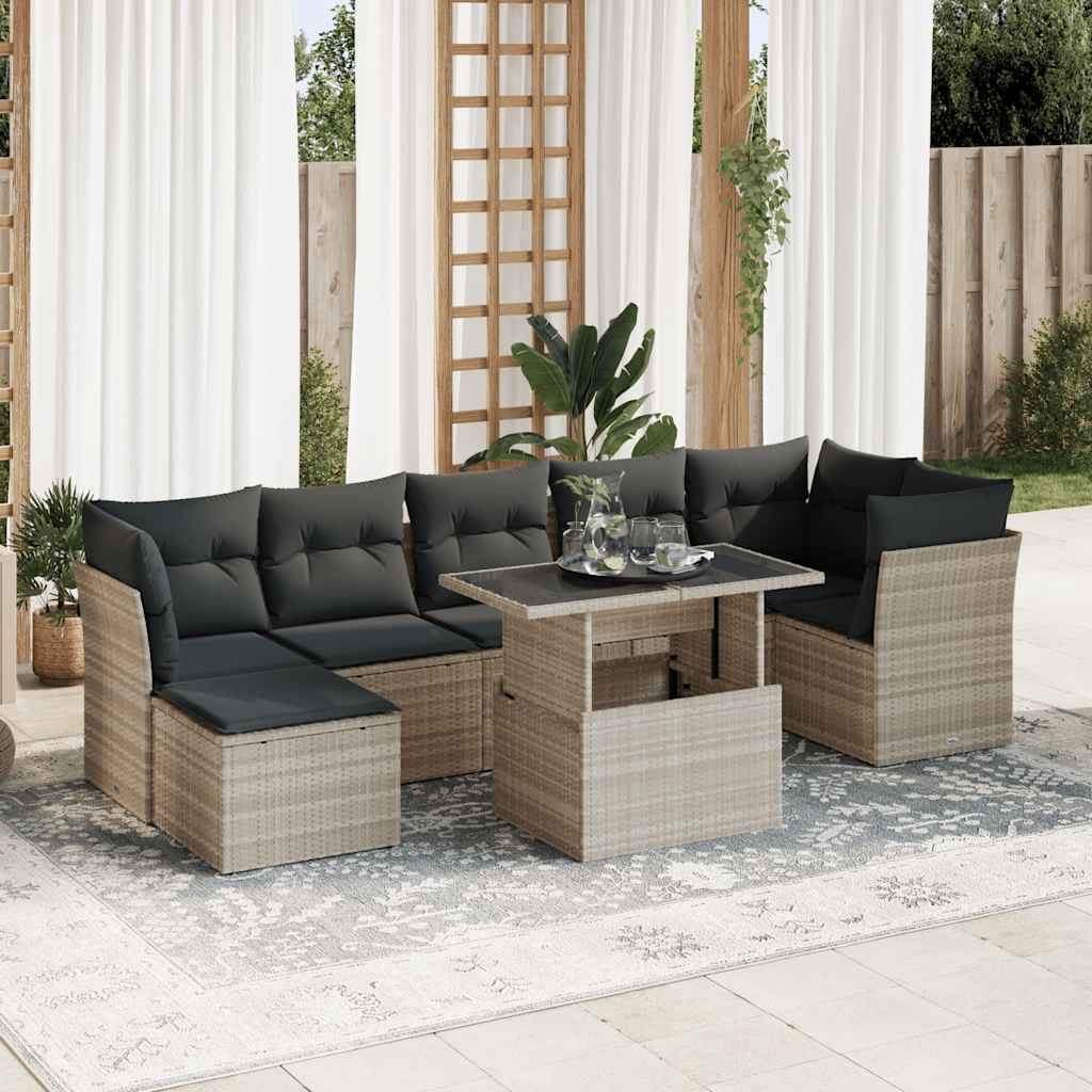 8 Pcs conj. sofás jardim c/ almofadões vime PE cinzento-claro