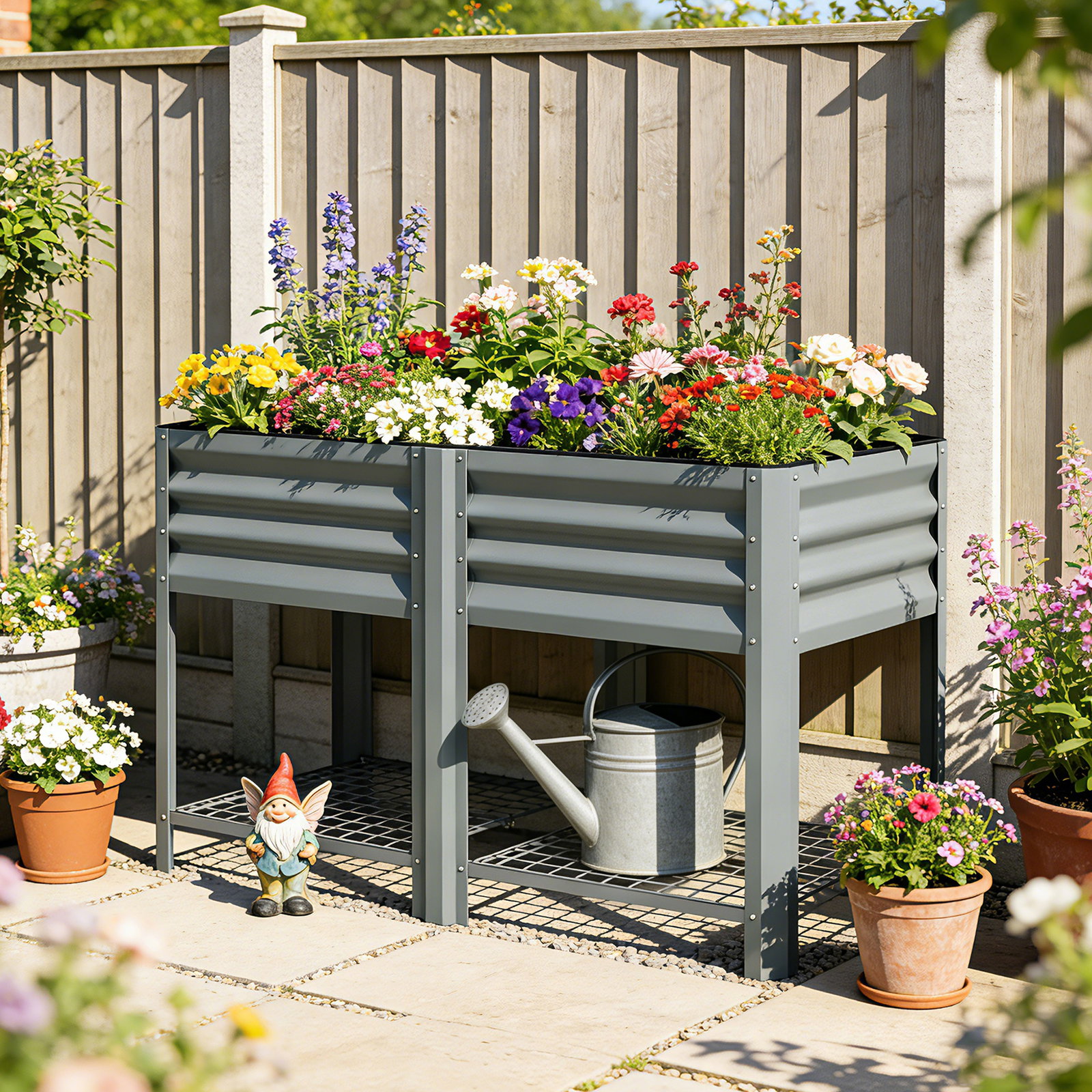 Horta elevada com prateleira inferior, mesa de cultivo em metal galvanizado com forro 120x55x80 cm cinzento prateado