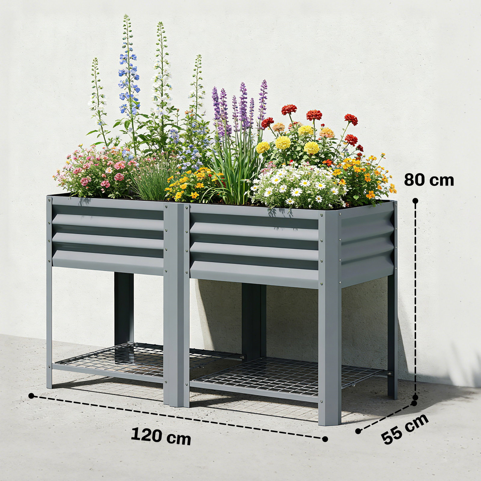Horta elevada com prateleira inferior, mesa de cultivo em metal galvanizado com forro 120x55x80 cm cinzento prateado