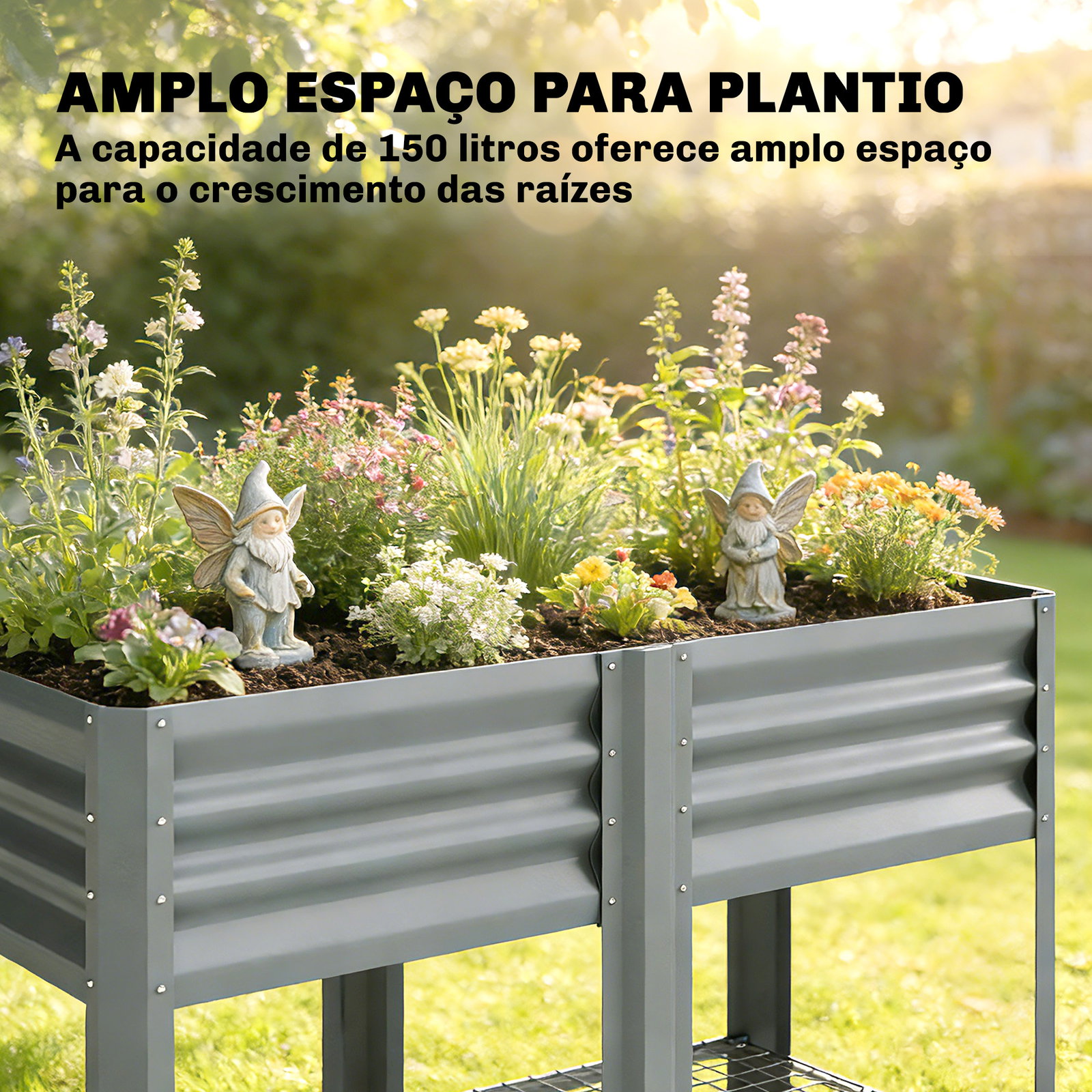 Horta elevada com prateleira inferior, mesa de cultivo em metal galvanizado com forro 120x55x80 cm cinzento prateado