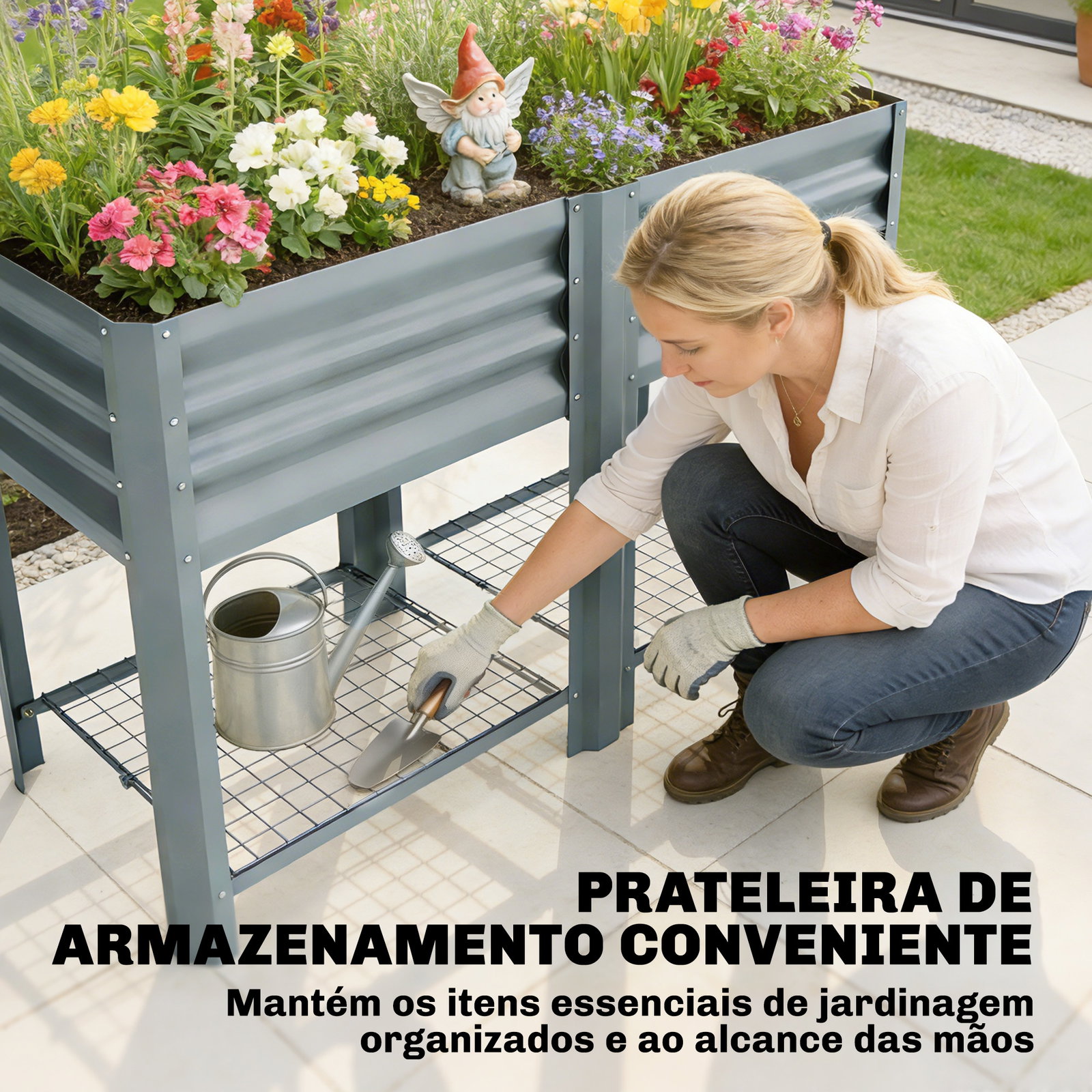 Horta elevada com prateleira inferior, mesa de cultivo em metal galvanizado com forro 120x55x80 cm cinzento prateado