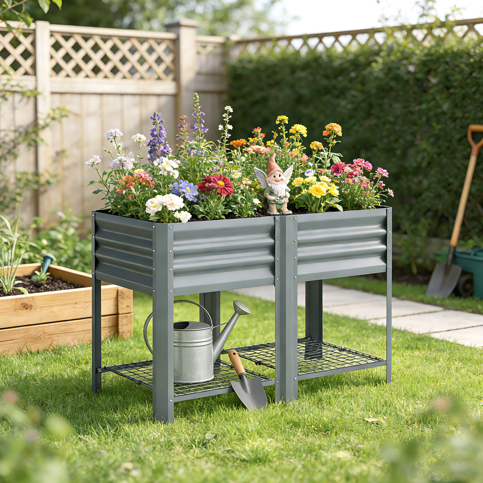 Horta elevada com prateleira inferior, mesa de cultivo em metal galvanizado com forro 120x55x80 cm cinzento prateado