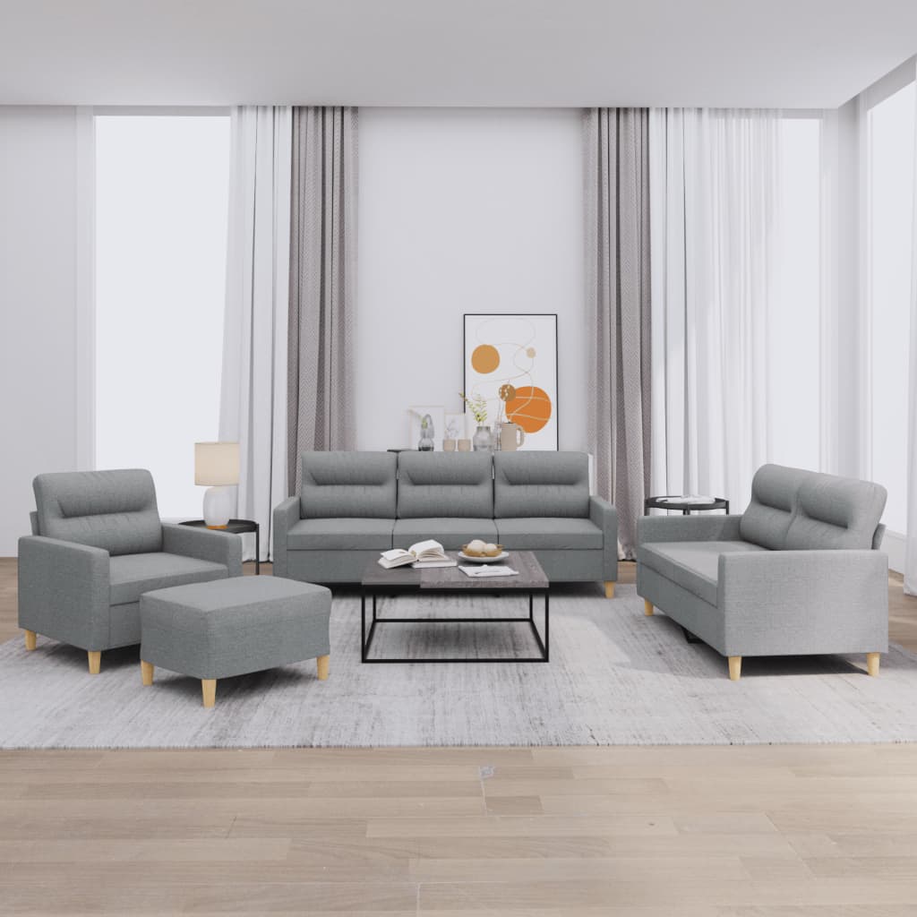 4 Pcs conjunto de sofás com almofadões tecido cinzento-claro