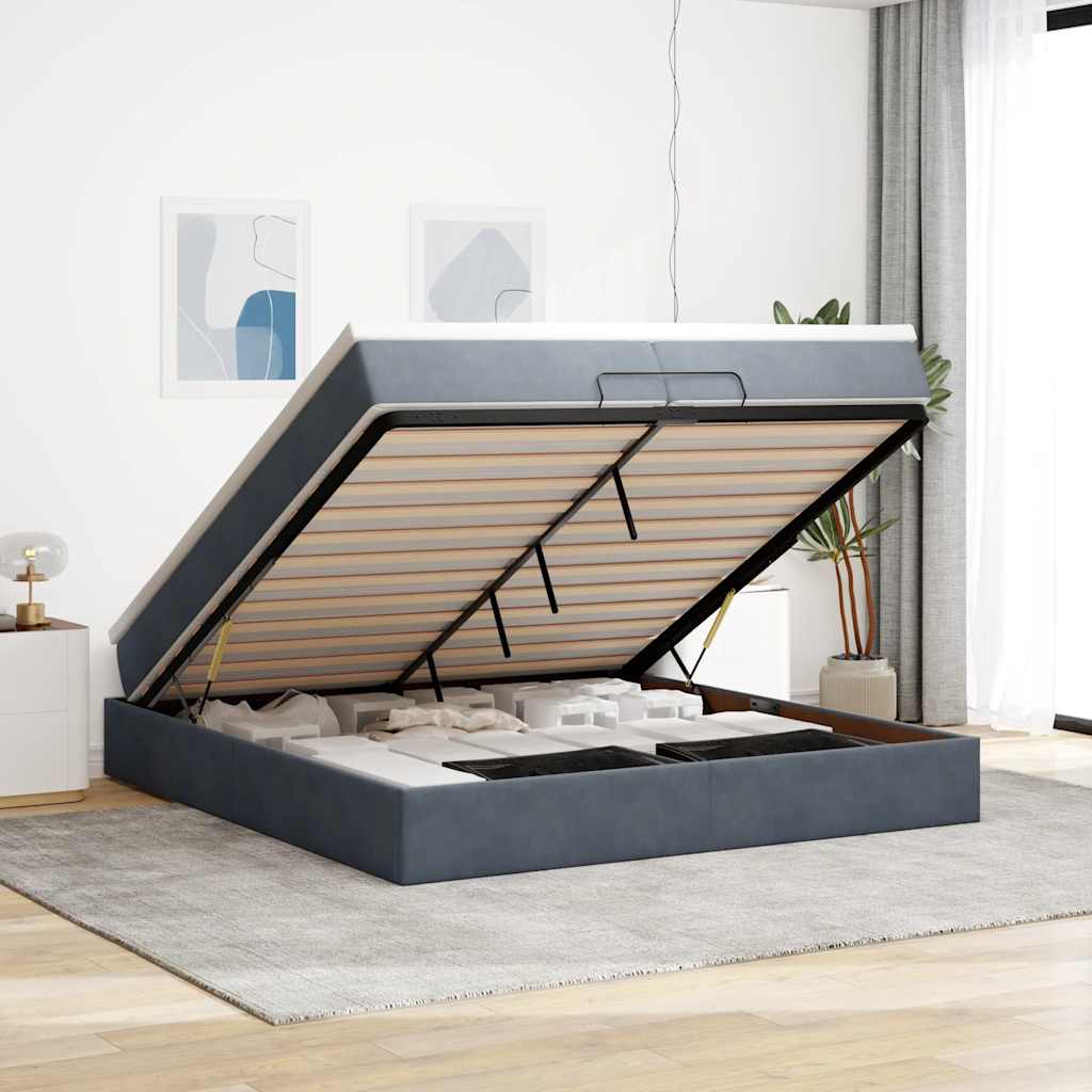 Moldura de cama otomana com colchão cinza escuro veludo