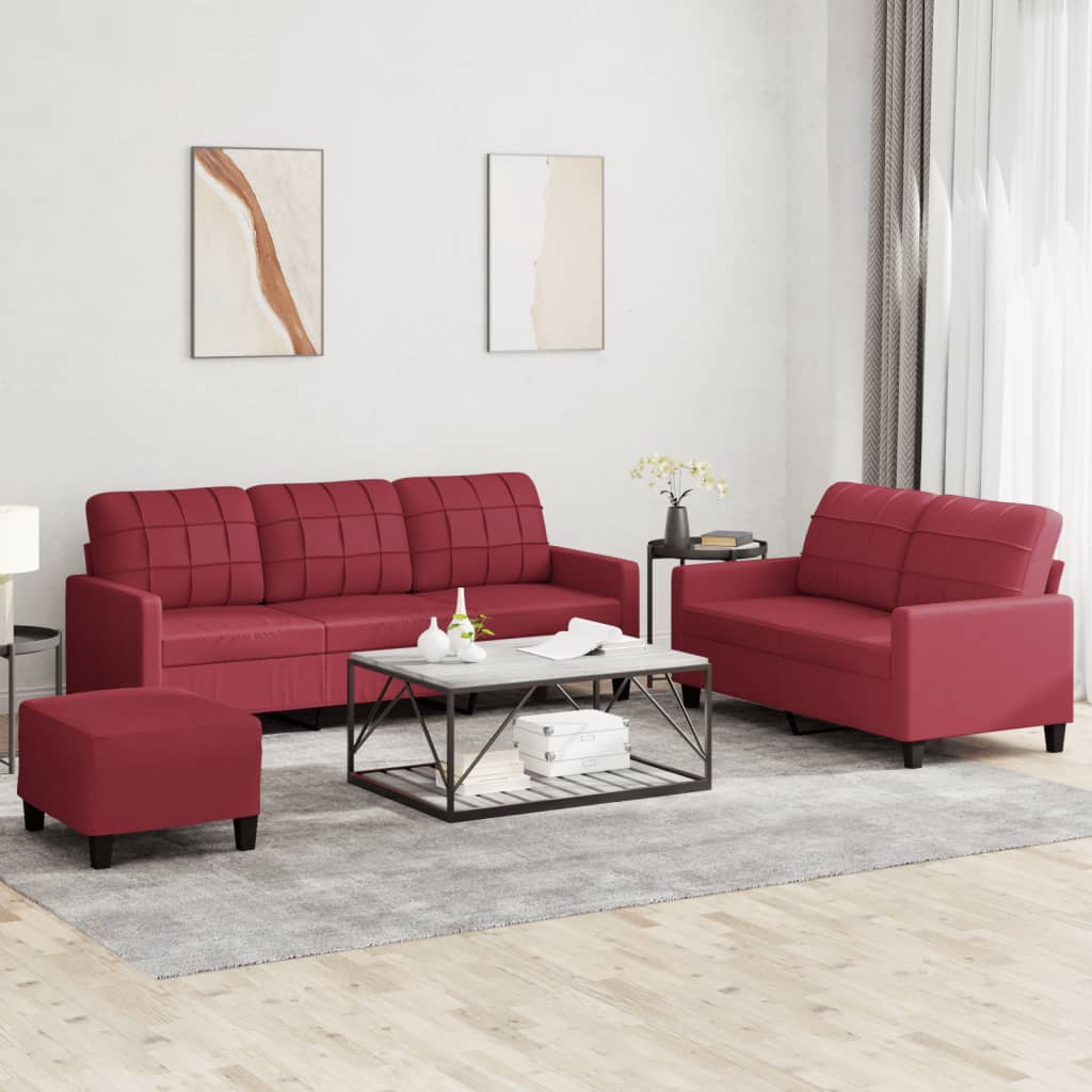 3 Pcs conjunto sofás c/ almofadões couro artif. vermelho tinto