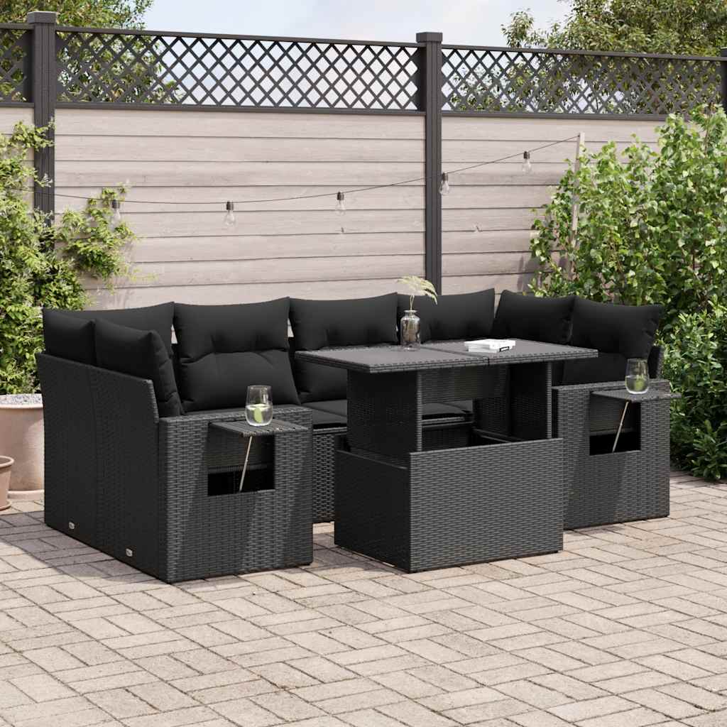 7 Pcs conjunto de sofás p/ jardim c/ almofadões vime PE preto