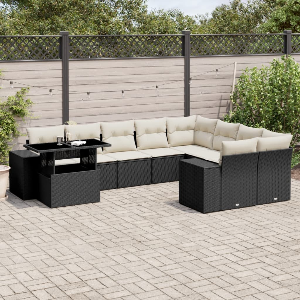 10 Pcs conjunto sofás de jardim c/ almofadões vime PE preto