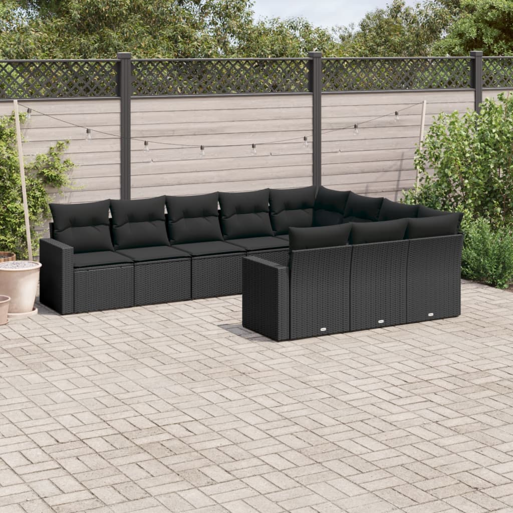 10 Pcs conjunto sofás de jardim c/ almofadões vime PE preto