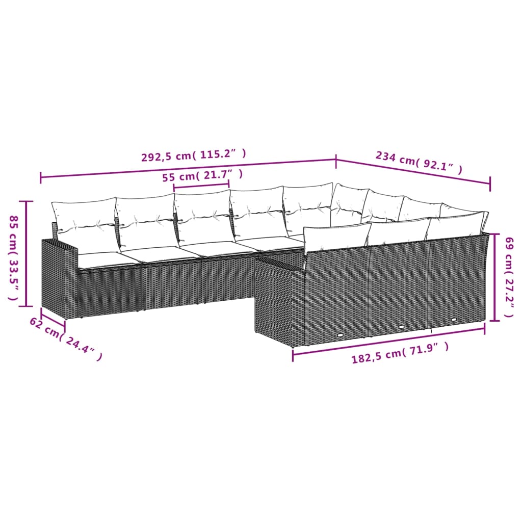 10 Pcs conjunto sofás de jardim c/ almofadões vime PE preto