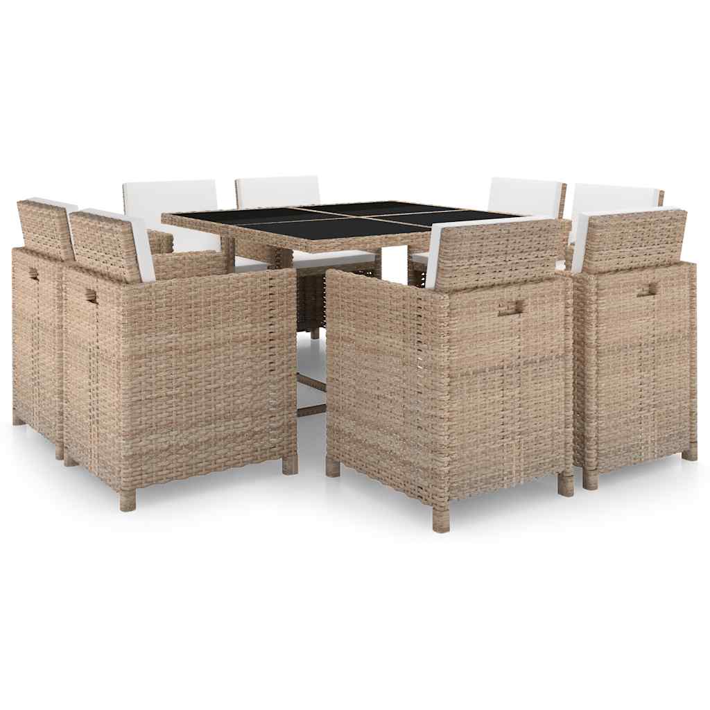 9 Pcs conjunto jantar exterior com almofadões vime PE bege