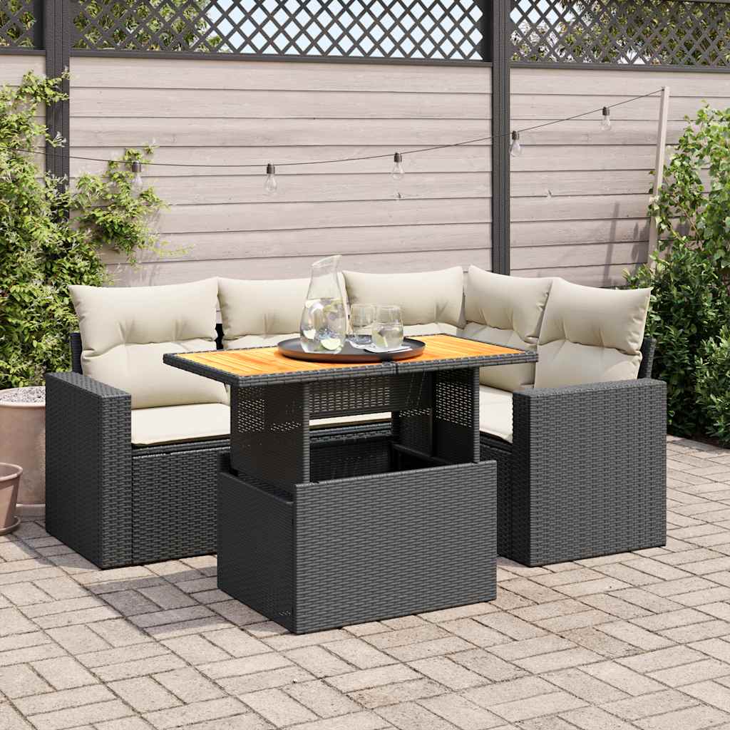 5 Pcs conjunto sofás de jardim com almofadões vime PE preto